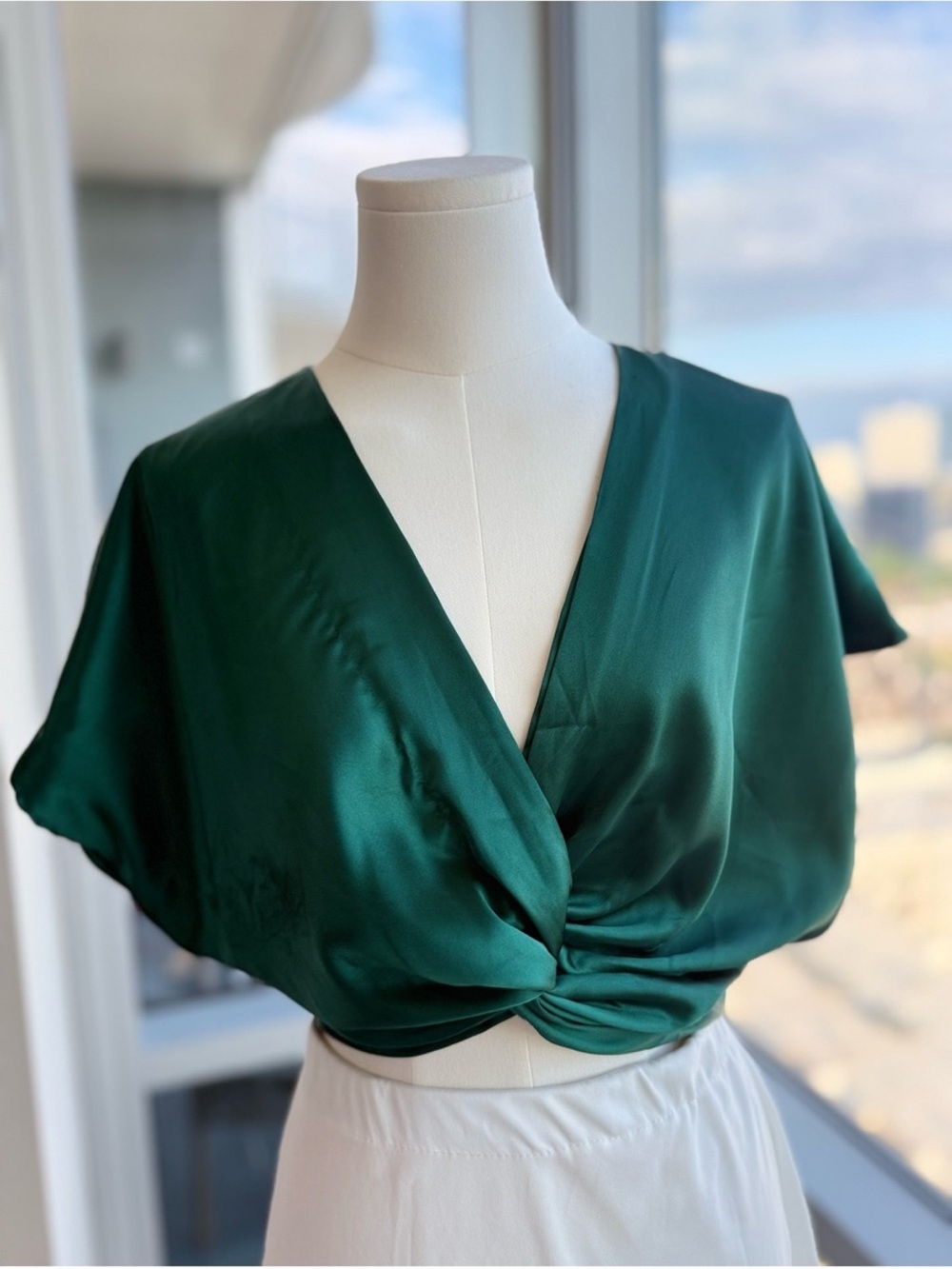 Micas Emerald Green Satin Twist Front Crop Top